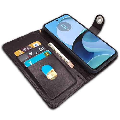 Image of Pikkme Flip Cover Leather Finish | Inside TPU with Card Pockets | Wallet Stand and Shock Proof | Complete Protection Button Flip Case for Moto G14(Coffee)