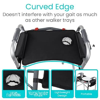 Vive Walker Tray for Folding Walker - (w/Cup Holder & Pockets) - Adult Mobility Accessories - Fits Standard Walkers - Medical Table for Seniors Non Slip Mat for Food - Removable & Easy Assembly