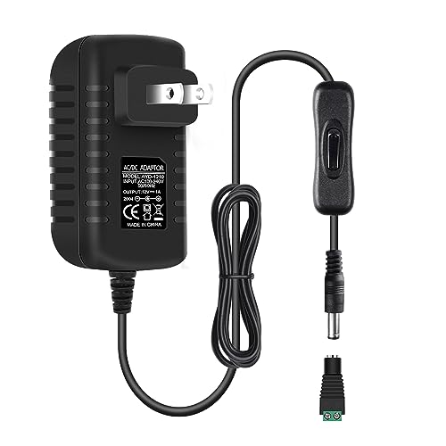 Image of 12V Power Supply, 12 Volt 1A 12W DC Power Supply with On Off Switch, Black Switching LED Power Adapter, AC 110V to 12V Transformer Plug for LED Strip Lights with 5.5 /2.1 DC Female Connector