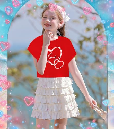 Image of Tkria Girl Crop Tops Valentine Short Sleeve Tshirt Tie Dye Heart Teen Girls Shirt Clothes 6-14 Years