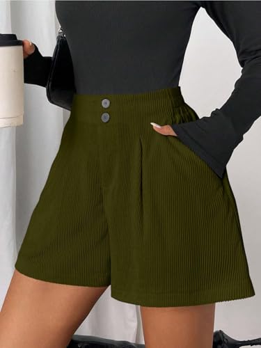Image of GRECIILOOKS Women's High Waist Tailored Shorts | Ribbed Poly Lycra Blend Summer Shorts with Pockets & Button Closure | Elegant Folded Hem Casual Wear for College, Brunch & Daily Outings