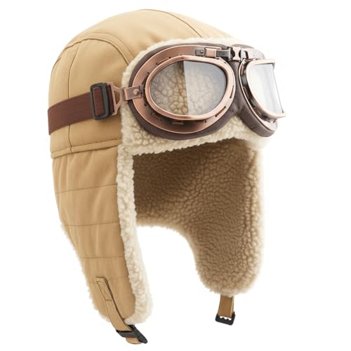 BAIFUMEN Vintage-Fliegerhut und Brille mit Maske, Kunstpelz-Ohrenschützer,...