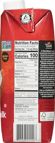 Thai Kitchen Coconut Milk, Unsweetened, Non Dairy Milk Substitute, Gluten Free, Non GMO, Vegan, For Smoothies, Ice Cream, Oatmeal, Coffee, and More, 25.36 fl oz (Pack of 6)