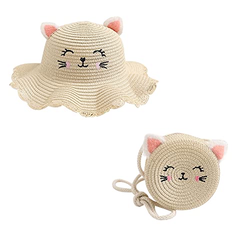 Girl Summer Wide Brim Floppy Beach Sun Hat Cute Straw Hat Woven Pocket with Cat Ears Suit for Outdoor Activities