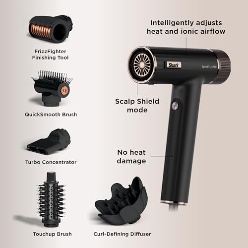 Shark SpeedStyle Pro Hair Dryer, High Performance High-Velocity Hair Dryer For All Hair Types w/ Scalp Shield Technology, 5 Attachments, Lightweight, Ionic, No Heat Damage, Storage Bag, Black HD752UK - Image 9