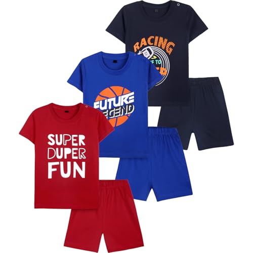 Image of T2F Baby Boys' & Girls' Printed T-Shirt & Shorts Set | 100% Cotton | Soft Fabric|Pack of 3 | 3-24 Months