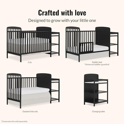 Image of Dream On Me Anna 3-in-1 Convertible Full-Size Baby Crib & Changer with Storage in Black, GreenGuard Gold & BSA, Pinewood, Converts to Day & Toddler Bed, 3 Mattress Heights, 1″ Changing Pad