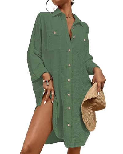 Bsubseach Sommer Strandkeid für Frauen Button Down Strand Shirt Kleid Badeanzug Cover Up V-Ausschnitt Strandponcho Bademode Resort Wear Grün XL