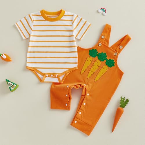 Image of Bay Boy Easter Outfit Newborn Striped Bodysuit Bunny Carrot Overalls Pants Set Infnat Cute Spring Summer Clothes