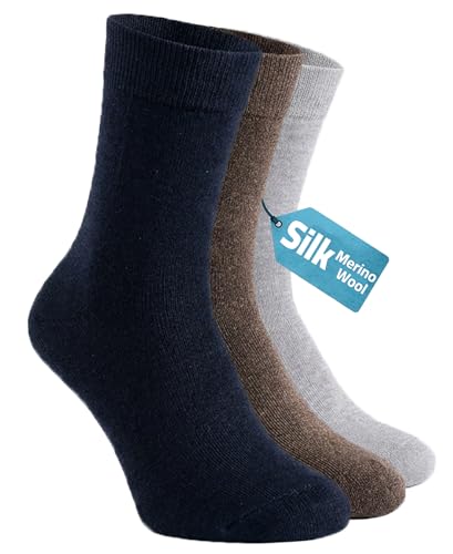 Pauzema Mens Merino Wool & Silk Blend Crew Socks Winter Warm Boot Dress Thermal Socks Soft Breathable Everyday Comfort 3-Pack