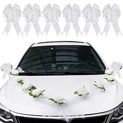 VINFUTUR Decoración Coche de Boda Flores, 9pcs Rosas Flores para Coche Boda Exterior con 2pcs Cinta de Gasa+6pcs Lazos para Puerta y Espejo de Coche Boda Flores Adornos Fiesta