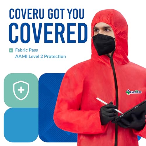 Medtecs Hazmat Suits - 6 Sizes Options (1 PC) - with Pocket - Fabric Passed AAMI Level 4 Disposable Coverall PPE Suit for Biohazard Chemical Protection - Full Body Protective with Hood