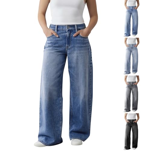 Mid Rise Jeans for Women Trendy Stretch Wide Leg Mom Jeans Y2k Baggy Long Trouser Jean Denim Cowgirl Pants