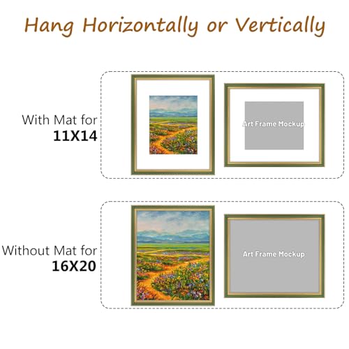 Image of Golden State Art,16x20 Ornate Picture Frame Holds 11x14 Photo,Green Gold | Includes plexiglass front,white mat,build-in hangers and buttons.Displays 11x14 photo on wall