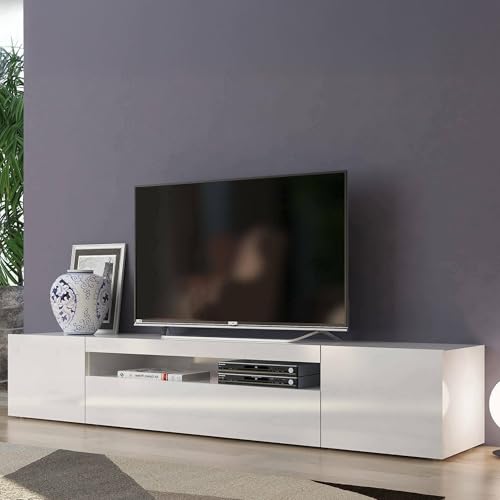 MOBILE PORTA TV - Credenza bassa da soggiorno a 3 ante, Base porta televisione, 100% Made in Italy, cm 200x40h37, Bianco lucido