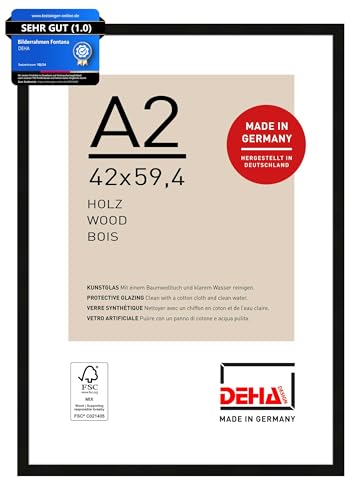 DEHA Design Bilderrahmen, 42 x 59,4 cm (A2), Holz, Schwarz, Posterrahmen zum Aufhängen im Hoch- & Querformat, bruchsicheres Kunstglas, Fontana