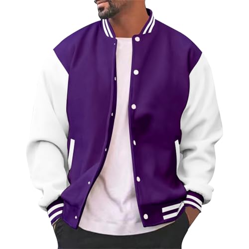 Duohropke Chaqueta universitaria para hombre de la vieja escuela, chaqueta deportiva Varsity Jacket Patchwork Collegiate chaqueta de béisbol cuello alto ropa de calle, morado, XL