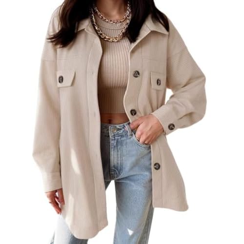 VICHYIE Womens Corduroy Shacket Blouses Button Down Shirts Pocket Long Sleeves Tops Jacket Coats X-Large Apricot