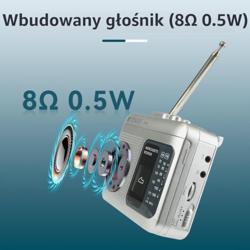 Retekess TR606 Przenośny Odtwarzacz Kasetowy, AM FM Radio(Srebrny)