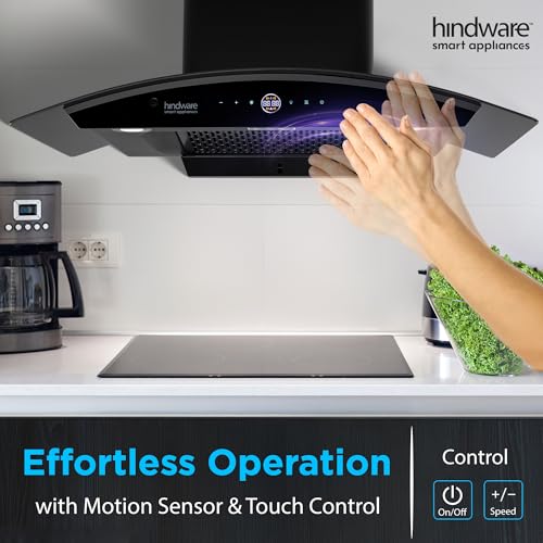 Image of Hindware Smart Appliances | Nadia BLDC 90 IN Kitchen Chimney | 1600 CMH |Curved Glass | Filterless | Auto Clean | Touch Control, Motion Sensor | 12 Yrs Warranty on Motor & 3 Yrs on Product (Black)