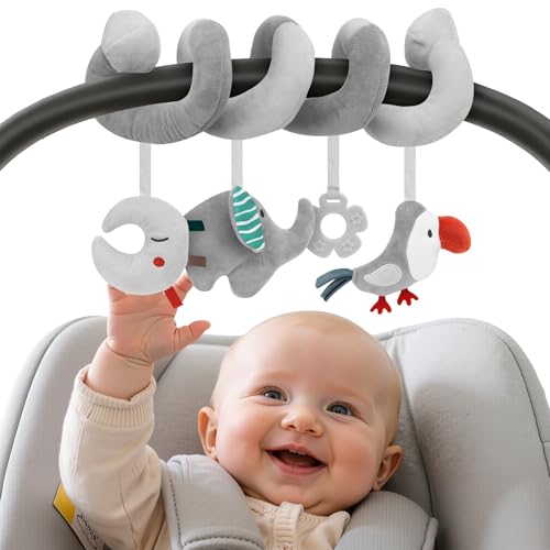 Image of FPVERA Car Seat Toys for Babies 0-6 Months: Travel Baby Toy for Soft Hanging Toys for Carseat, Spiral Stroller Activity Toy Plush for Infant Boys Girls, Grey Elephant