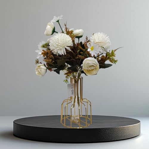 Image of CURATED CART Artificial Flowers Bunch - Set of 2 with 9 Mixed Flower Heads Each - Roses, Daisies & Chrysanthemums - Faux Flowers for Vases, Home Decor, Office, Parties (White) (No Vase)