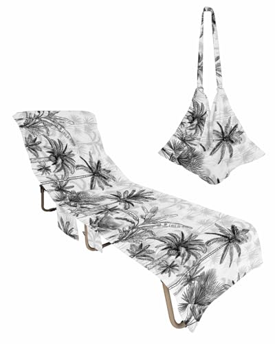 Black Palm Tree Beach Chair Towel Covers for Chaise Lounge With Side Pocket, Soft Plush Pool Towels Cover for Patio Sunbathing Outdoor Tropical Summer Banana Leaf Forest Beach 29''x85''