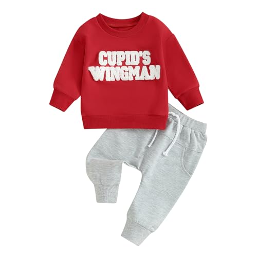Image of KtwHarnu Toddler Baby Boy Valentines Day Outfits Letter Print Long Sleeve Sweatshirt Sweatpants Set Valentine Clothes Set (Cupid's Wingman, 0-6 Months)