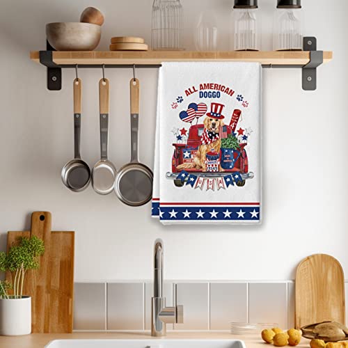 Bicabbagy 4Th Of July Kitchen Towels Dish Towels, Red Truck Dog American Flag Stars Patriotic Seasonal Décor Hand Towels 18X27.5 Inch #TOP1