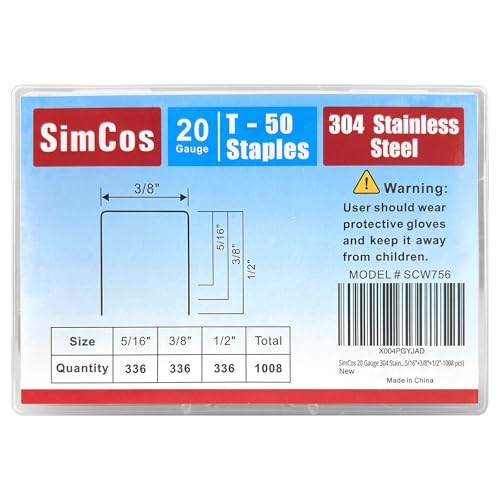 SimCos 20 Gauge 304 Stainless Steel T/50 Staples - 3/8" Crown Upholstery Staples(5/16",3/8",1/2" Leg Length), 1008-Counts, Compatible with Staple Gun & T-50 Stapler