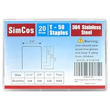20 Gauge 304 Stainless Steel T/50 Staples - 3/8" Crown Upholstery Staples5/16",3/8",1/2" Leg Length, 1008-Counts, Compatible with Staple Gun & T-50 Stapler