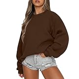Crewneck Sweatshirts Women Vintage Fall Cute Oversized Sweatshirt Preppy Lightweight Fleece Y2k Hoodie Solid Color Long Sleeve Sweat Shirts Fall Outfits for Women 2025, Brown, 2Xl
