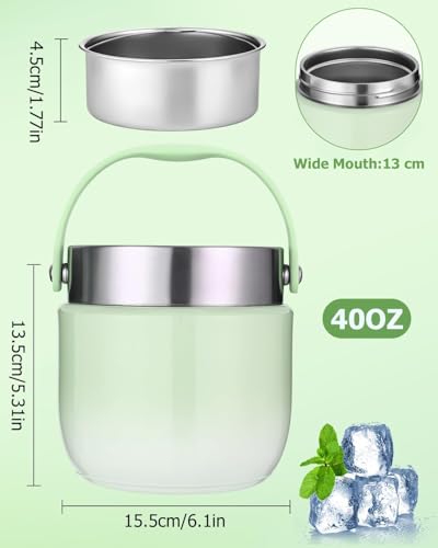 Image of Large Capacity Stainless Steel Lunch Jar 1200ml - Hot & Cold Thermal Food Container with Compartments, Portable Insulated Tiffin Box for Kids, Adults, Office, Camping & Outdoor Meals (Green)