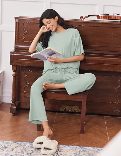 Image of Ekouaer Lounge Sets for Women Short Sleeve Tops and Long Pants Soft Comfy Pajamas Set 2 Piece Outfits