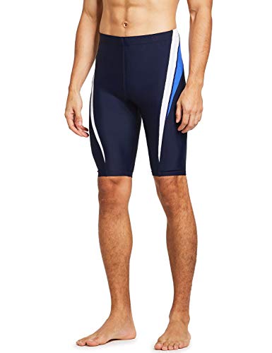 BALEAF Men\'s Athletic Swim Jammers Quick Dry Splice Compression Swim Shorts Square Leg Navy/Blue/White M