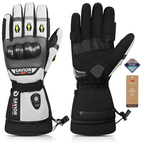 SAVIOR HEAT Gants Moto Chauffants Hiver Homme Femme, Coque Carbone + PVC, Double Couche Imperméable, Batterie 3000mAh, Câble PD Rapide + Câble Chargeur...