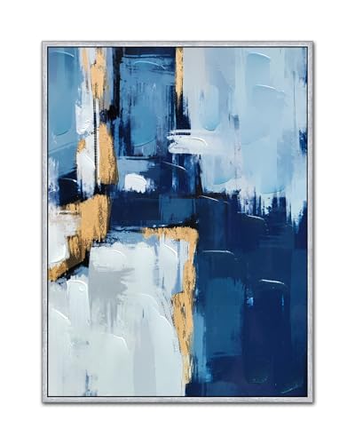 Sofoney - Hand Painted Blue and Gold Abstract Canvas Wall Art Heavy Textured Blue and White Wall Decor with Gold Foil for Living Room Bedroom - 24"x32", Silver Framed