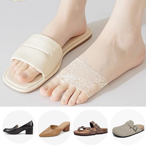 Image of DUNKOING 4 Pairs Lace Open Toe half Socks Womens Cushion Padded Toe Topper Socks for Heel Mule Sandals Clog 5-9 (lace, 4beige)