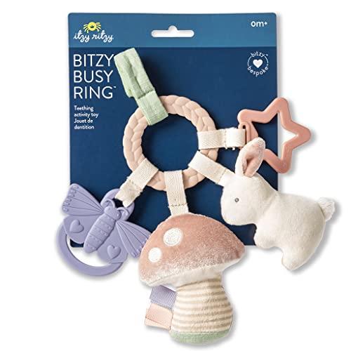 Image of Itzy Ritzy Teething Activity Toy - Bitzy Busy Ring Features Braided Teething Ring and Dangling Toys; Includes Teether, Textured Ribbons, Crinkle Sound & Jingle Bell, Bunny RNG8497