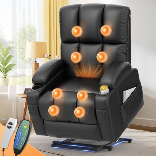 sisolos Lift Chair for elderly, Recliner Armchair with Massage and Heating, Comfy Rise Recliner with Extended Footrest,Type C+USB, 2 Cup Holders & 4 Sides Pockets, Padded Armrest & Cushion