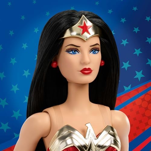 Barbie Signature Doll, Wonder Woman Collectible with Doll Stand in Red and Blue Tank Suit with Golden Accessories Like Lasso, Headpiece and Belt