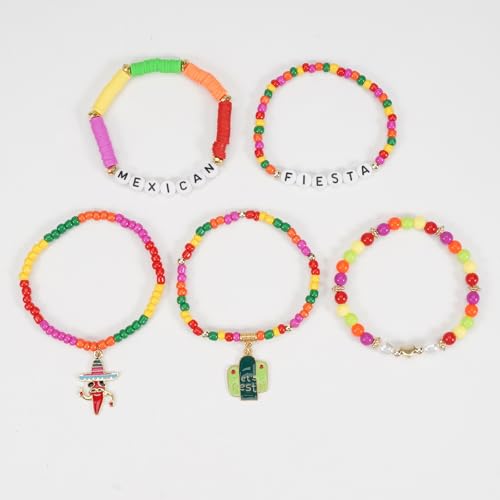 Lonext Cinco de Mayo Beaded Bracelet Stackable Mexican Fiesta Stretch Bracelet Holiday Sombrero Chili Pepper Pinata Festive Charm Bracelets4