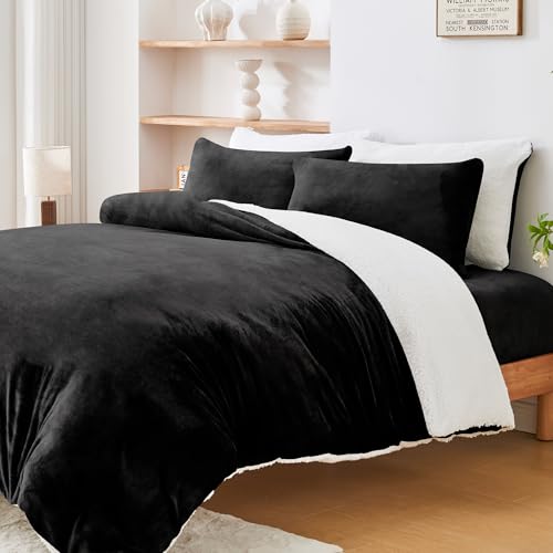 LINENOVA Dual-Sided Teddy Fleece Flannel & Sherpa Quilt Cover Set, Ultra Soft & Warm Reversible King Size Duvet Cover, Doubles as a Standalone Blanket with Zipper Closure (3 Pieces, Black)