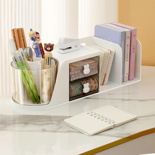 ぺんたて デスクオーガナイザー 卓上 文房具オーガナイザー オシャレ360度回転 ペンホルダー ペンスタンド 大容量 鉛筆立て 文房具収納ボックス 化粧品 収納 オフィス用品 卓上本棚 引き出し付き 鉛筆ホルダー 引き出し付き 透明鉛筆ホルダー 多機能 オフィス、学校、家庭用、書斎用デスクアクセサリー ホワイトカラー