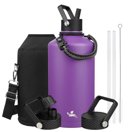 Image of Konokyo Gallon Insulated Water Bottle with Straw,128 oz 3 Lids Water Jug with Carrying Bag,Paracord Handle, Double Wall Vacuum Stainless Steel Metal Flask,Purple
