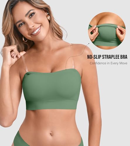 Image of DEANGELMON Strapless Bras for Women Wireless Push Up Non-Slip Bandeau Bra Seamless Clear Straps TubeTop Padded Bralette