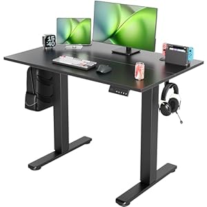 Seang Electric Standing Desk Adjustable Height, 40 x 24 Inch Sit Stand Desk with T-Shaped Frame, 3 Memory Presets & Cable Management for Home Office Computer Workstation, Black Frame/Black Top