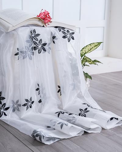Image of (7 ft Sheer Tissue with Embroidery 3 Flower Design|Grommet Curtains Window Long Curtain|Tissue Fabric Window Single Curtain (Black&White)|for Home|(Pack of 1)|213 L X 121 W cm