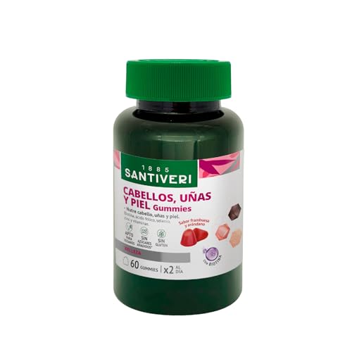 SANTIVERI - Cabellos, Uñas y Piel Gummies, Complemento Alimenticio a Base de Biotina, Vitaminas, Zinc y Selenio, que Contribuyen a Mantener el Estado del Cabello, Uñas y Piel - 60 Gominolas