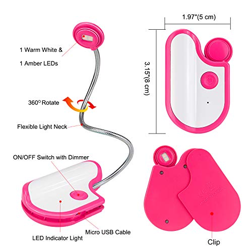 Image of Amber Reading Light Rechargeable, Book Light Kids for Reading in Bed, Clip On Reading Book Light, 2 Lighting Modes, Blue Light Blocking for Eye-Care, Small Bookmark Light for Bookworm-Magenta